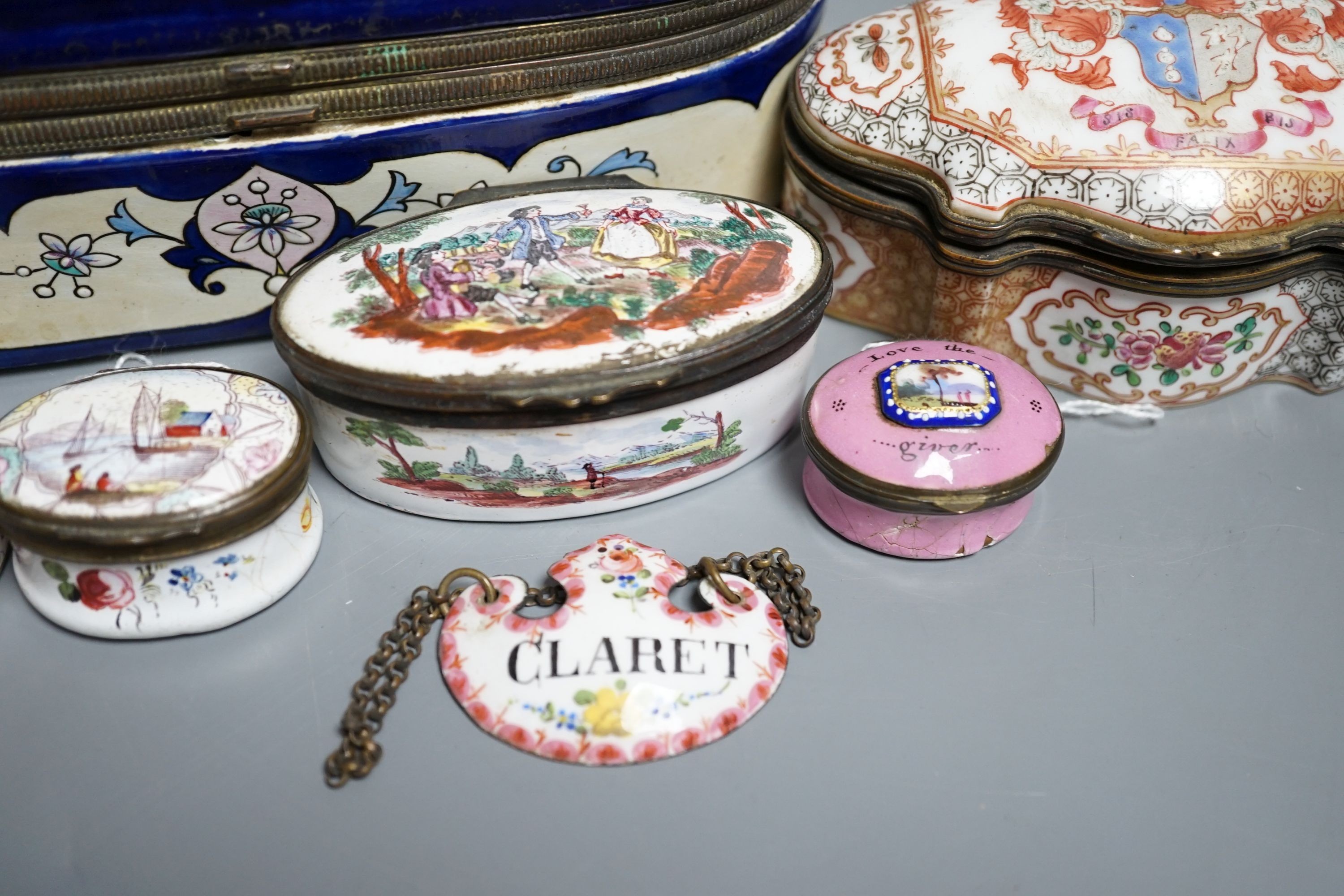 A group of five English and Continental enamel and porcelain patch and other boxes and two spirit labels, largest 20 x 8cm